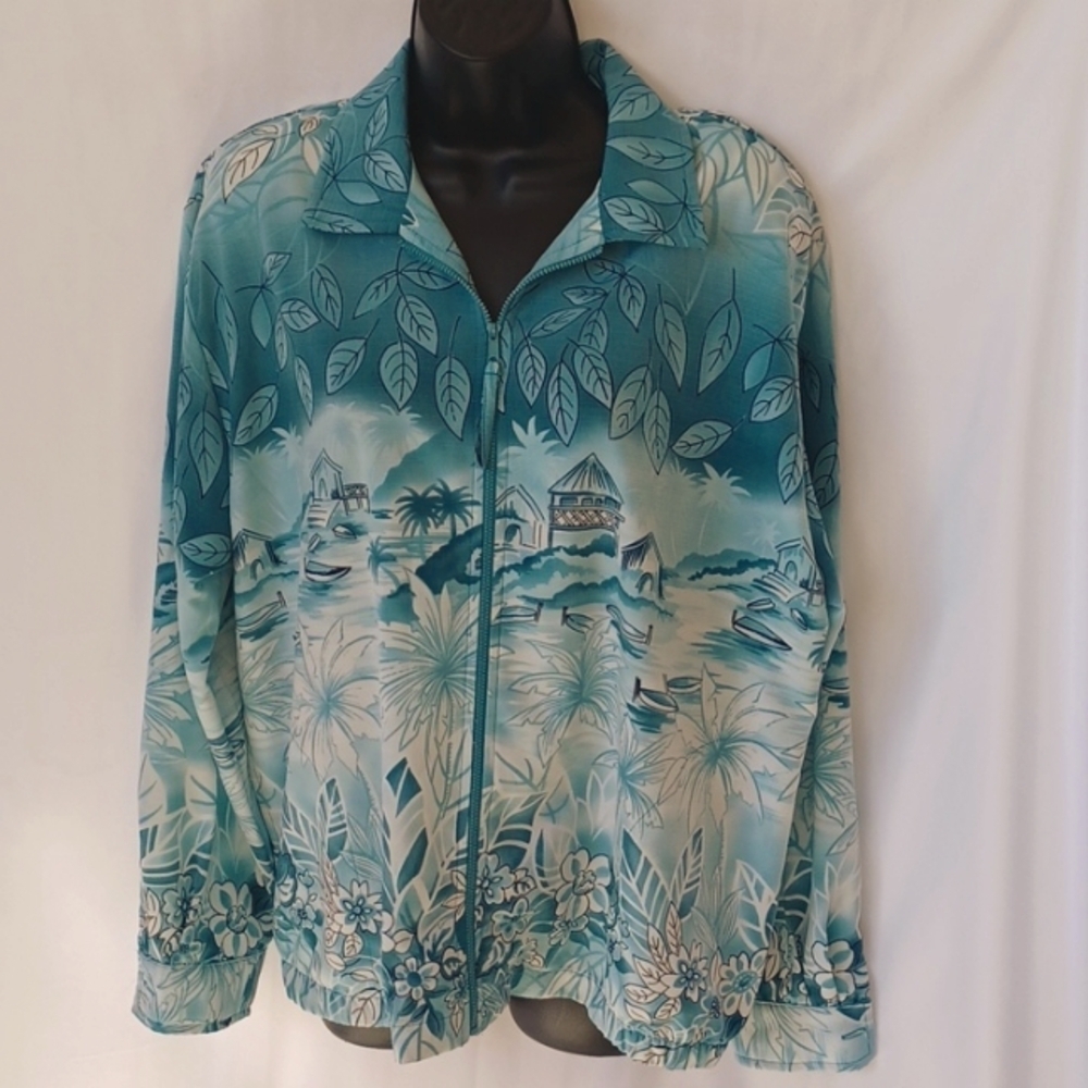 Teddi Tropical theme bomber jacket, blue-green, lightweight